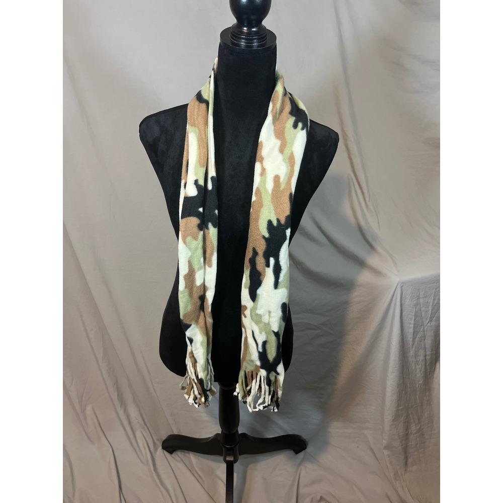 Unbranded Camouflage Fleece Scarf Fringe Trim Green Tan Black Camo One Size